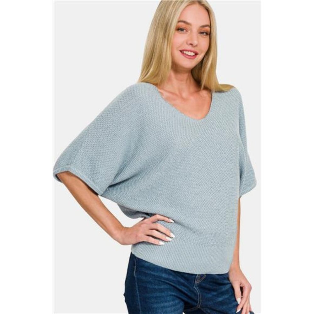 NWT Zenana Blue Grey V-Neck Short Sleeve Dolman Sweater, Cozy, Cotton/Acrylic